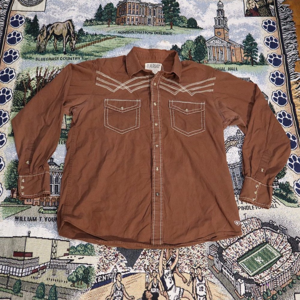 Ariat Pearl Snap Button Up Western Shirt Embroidered Mens Size Large Brown